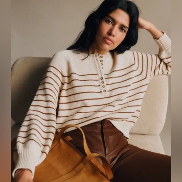 Sezane Leontine Jumper Sweater in Ecru Camel Stripe Size XS - Picture 12 of 13